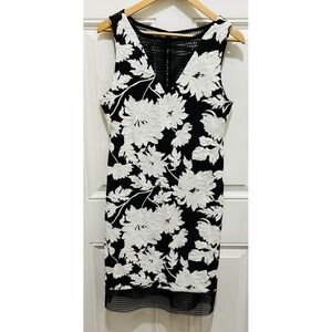 Cache Black White Floral Lace Mesh V Neck Sleeveless Sheath Dress Size 12‎